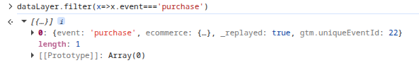 Konsola DevTools na stronie powrotnej - dataLayer.filter zwraca odtworzony obiekt purchase z obiektem ecommerce i flagą _replayed: true, dowód że capture & replay zadziałał