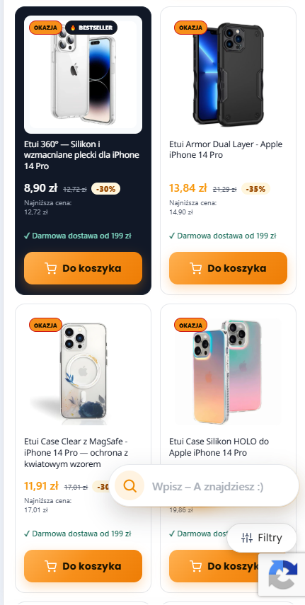 Karty produktów na telefonie - dwie kolumny etui na iPhone z badge'ami Okazja i Bestseller, ceną promocyjną z przekreśleniem i rabatem, mikrokopią o darmowej dostawie i przyciskiem Do koszyka