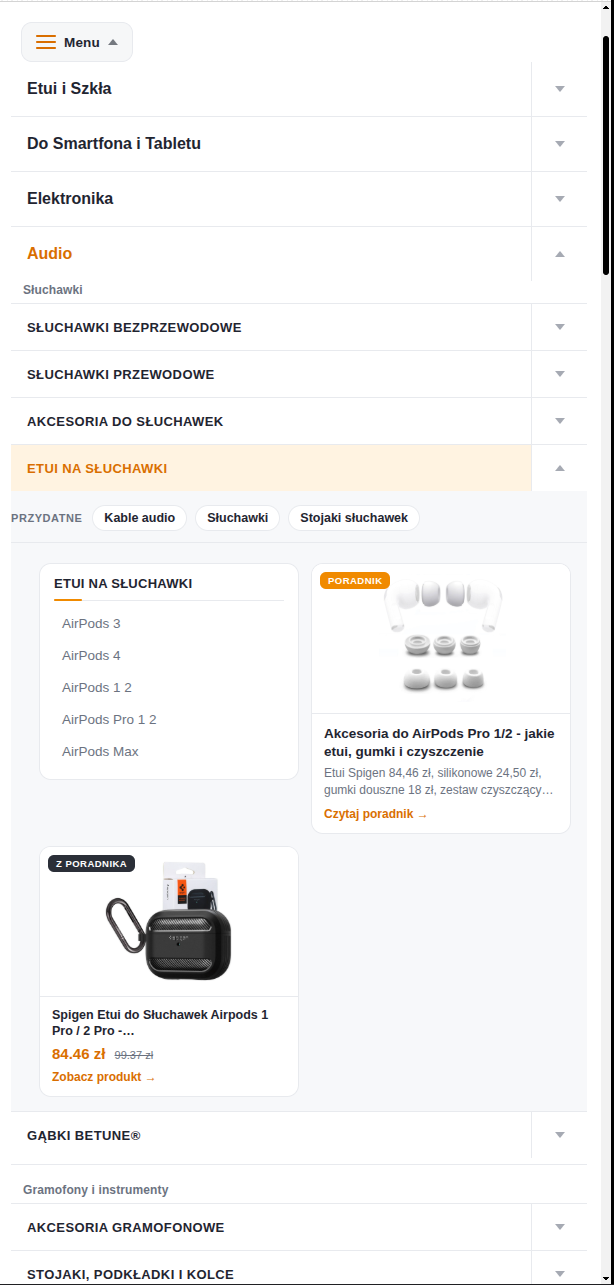 Pełnoekranowe menu mobilne smart-tel - rozwinięta kategoria Audio z listą podkategorii, kaflem poradnika i kartą produktu